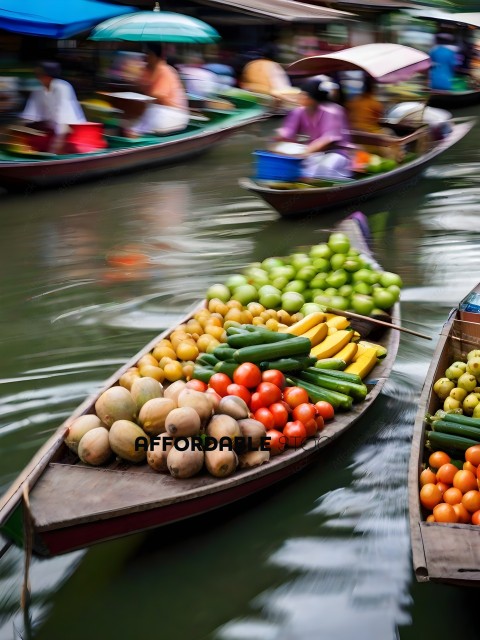 Boats filled with fruits and vegetables