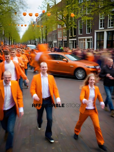 A group of people in orange coats are running down a street