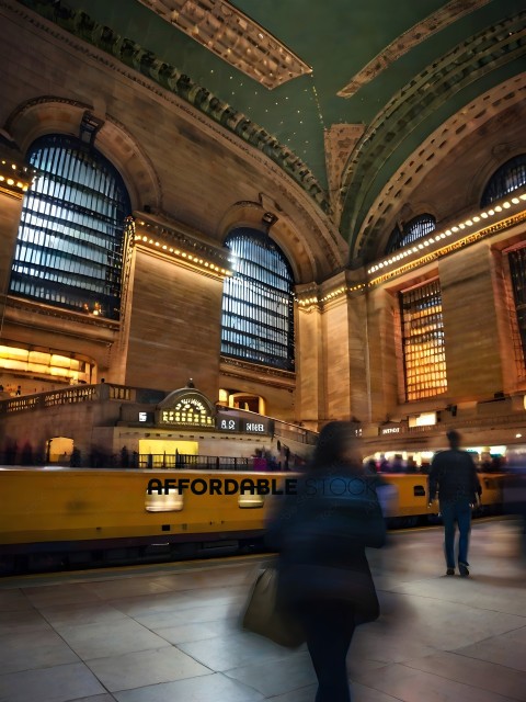 People walking in a train station with a yellow train