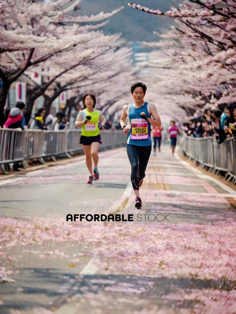 A runner in a marathon with pink petals on the ground