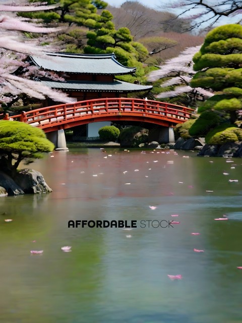 A Japanese garden with a bridge over a pond
