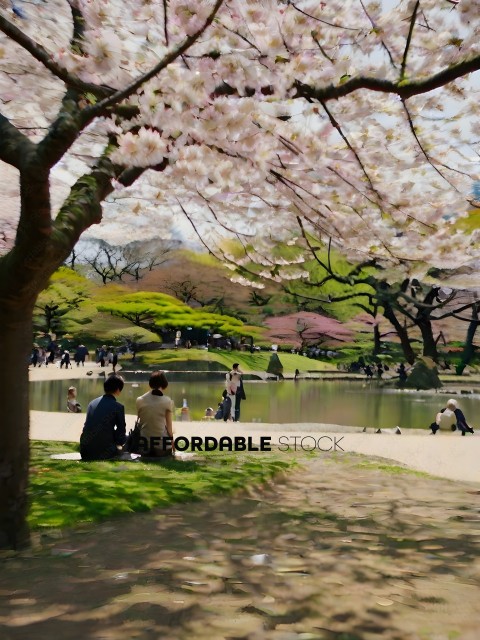 A couple sits under a cherry blossom tree