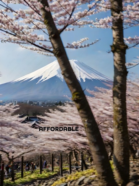A view of a mountain covered in snow and cherry blossoms
