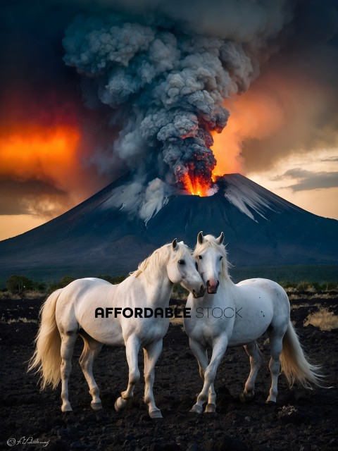 Two horses standing in front of a volcano