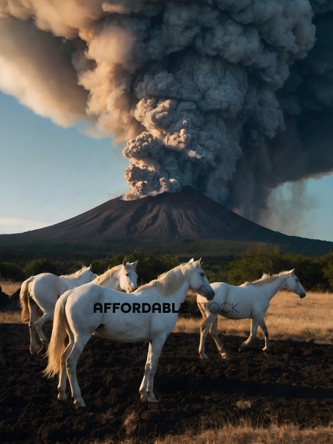 Three horses standing in front of a volcano