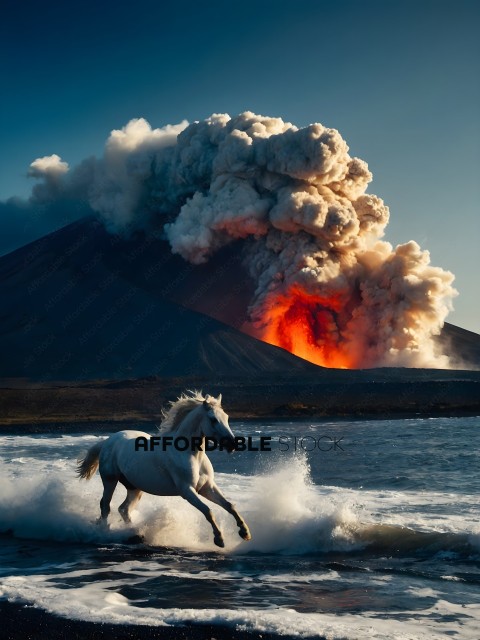 A white horse running through the water with a volcano in the background