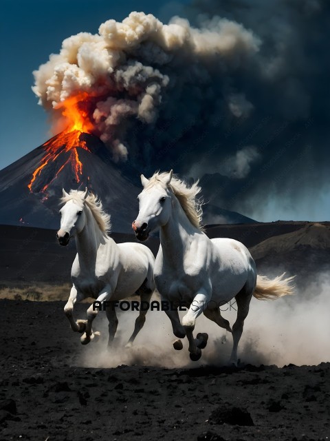 Two White Horses Running Away from Volcano