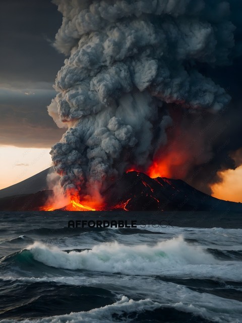 Volcano Erupting with Ocean Waves