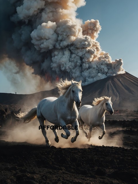 Two horses running away from a volcano