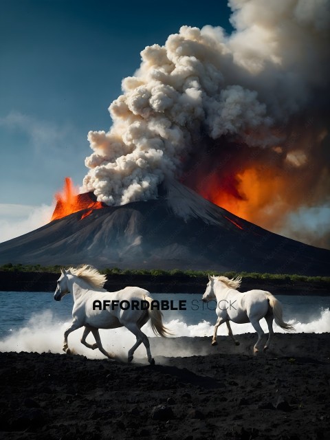 Two horses running away from a volcano