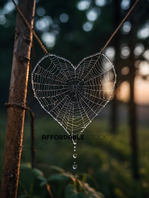 A spider web heart with dew drops