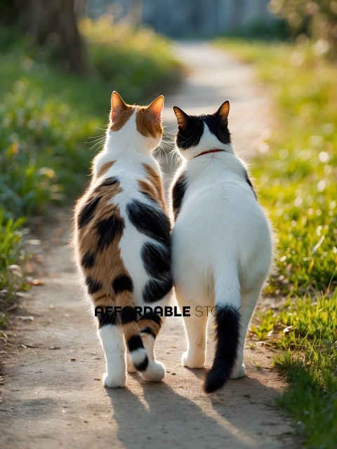 Two cats walking down a path