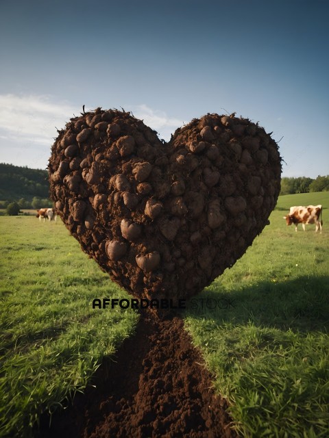 A heart made of dirt in a field with cows