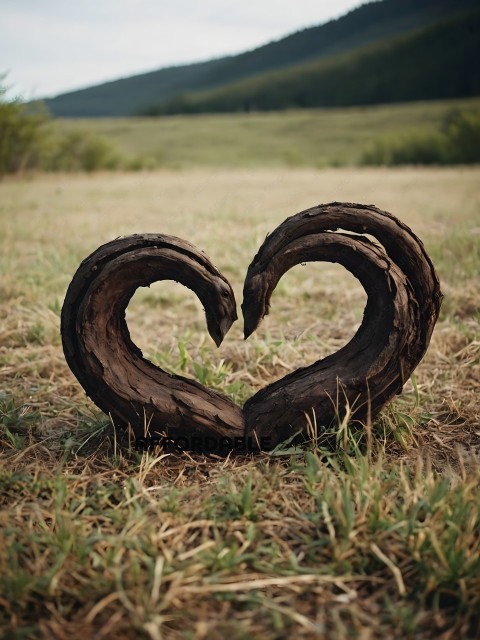 A heart made of tree roots in a field