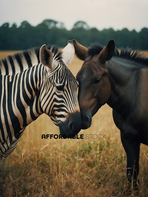 Zebra and Horse Hugging in the Field
