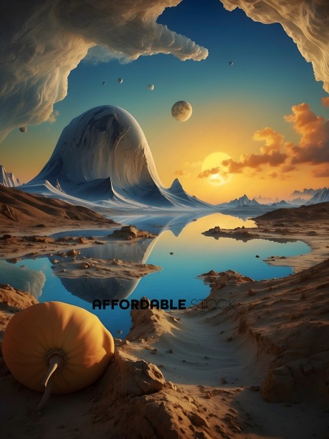 A painting of a pumpkin sitting on a sandy beach with a reflection of the sunset
