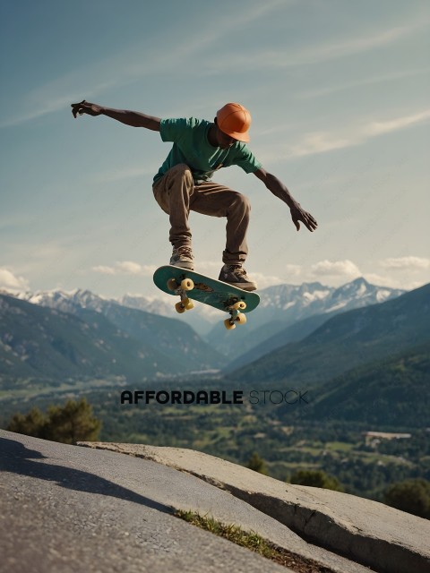 Skateboarder in the air on a mountain