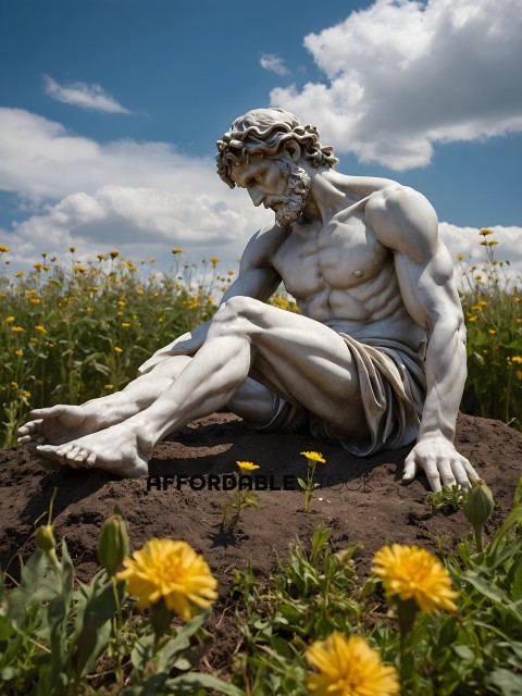 A statue of a man sitting in a field of flowers