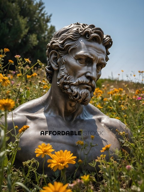 A statue of a man with a beard and mustache surrounded by flowers