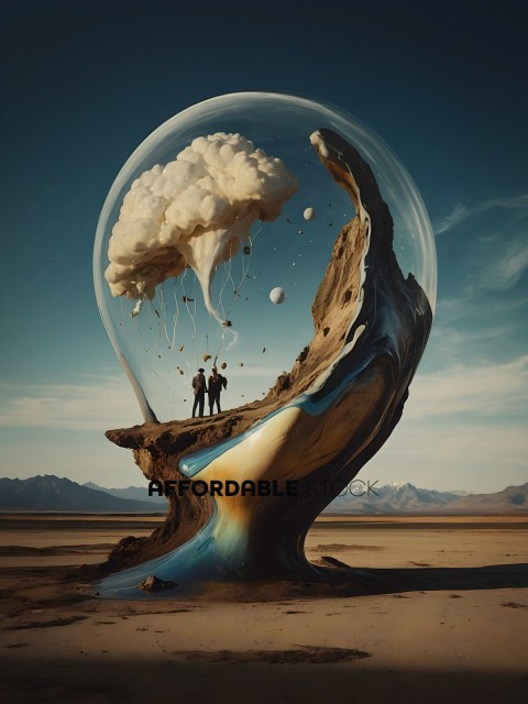 A couple standing in front of a sculpture of a cloud with a bomb in it