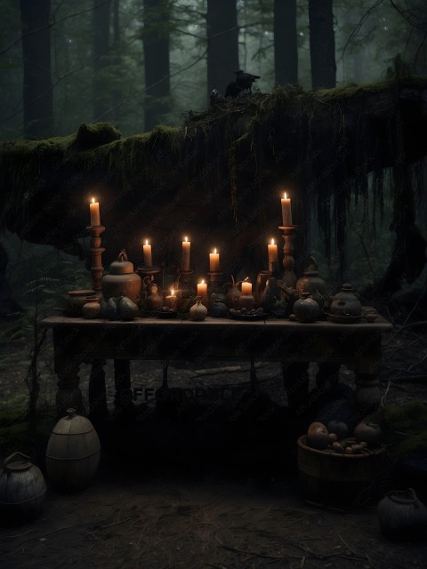 A table with candles and pots in the woods