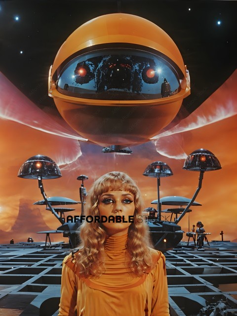 A woman in a futuristic setting with a large orange object in the background