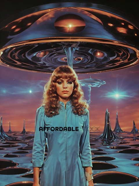 A woman in a blue jacket standing in front of a spaceship