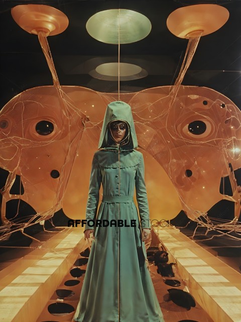 A woman in a blue dress stands in front of a butterfly-like sculpture