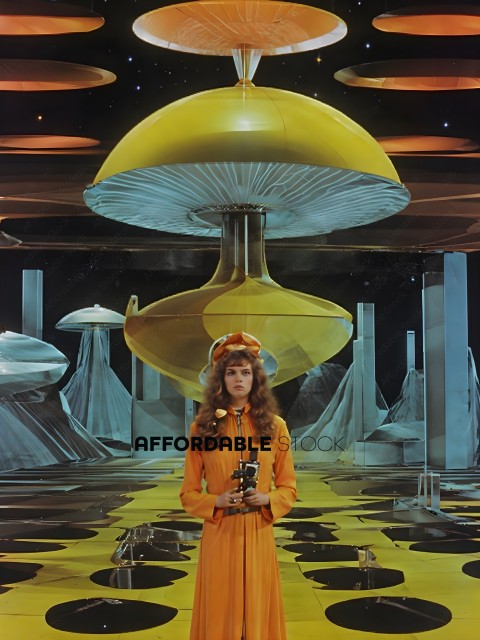 A woman in an orange dress stands in front of a yellow mushroom