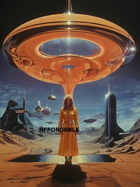 A woman in a yellow dress stands in front of a large, reflective, circular object