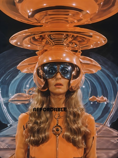 A woman wearing a futuristic helmet