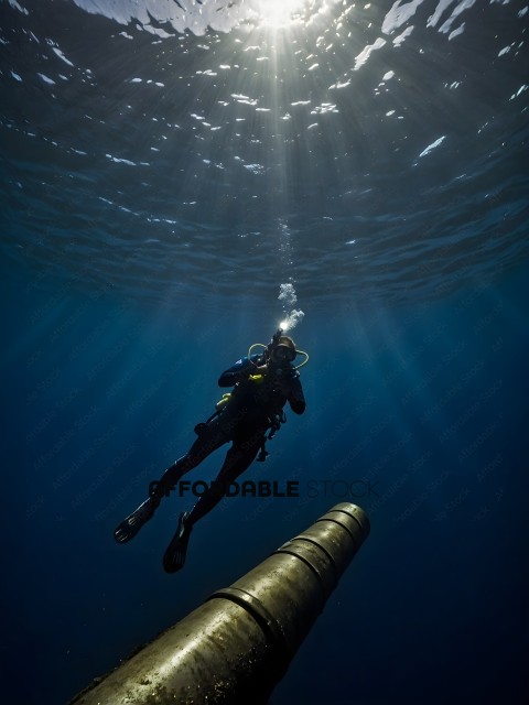 A diver swims underwater with a hose