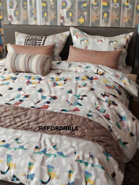 A bed with a colorful comforter and pillows
