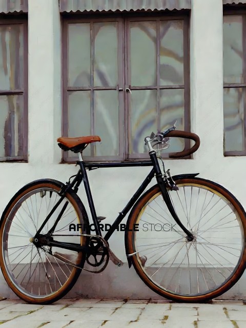 A black bicycle with a brown seat and handlebars