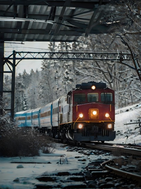 A red train travels through a snowy landscape