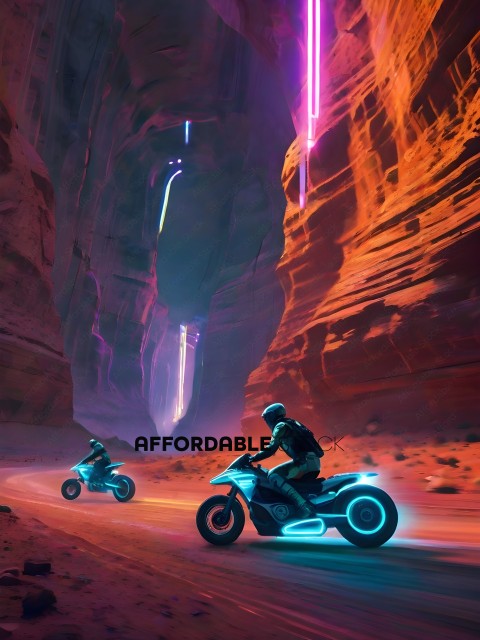 Two people riding motorcycles in a desert landscape