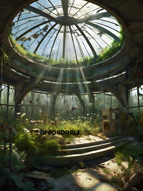 A large, abandoned greenhouse with plants and sunlight streaming in