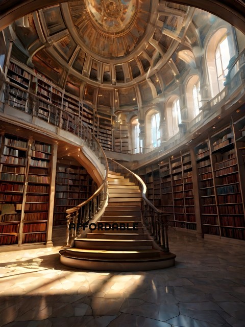 A grand library with a spiral staircase and many books