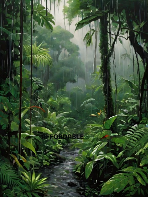 A painting of a jungle with a stream running through it