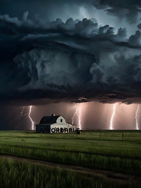 A storm is approaching a farmhouse