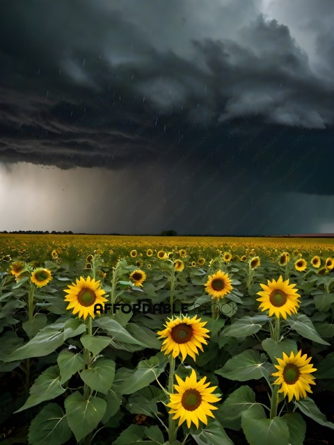 A field of sunflowers with a dark storm cloud in the background