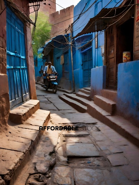 A man rides a motorcycle down a narrow alleyway