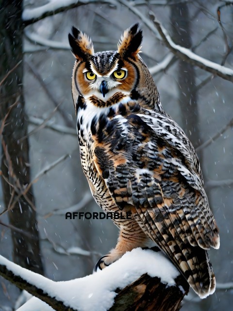 Owl perched on a snowy branch