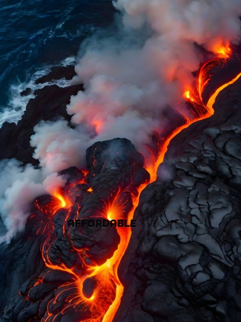 A volcano with lava flowing out
