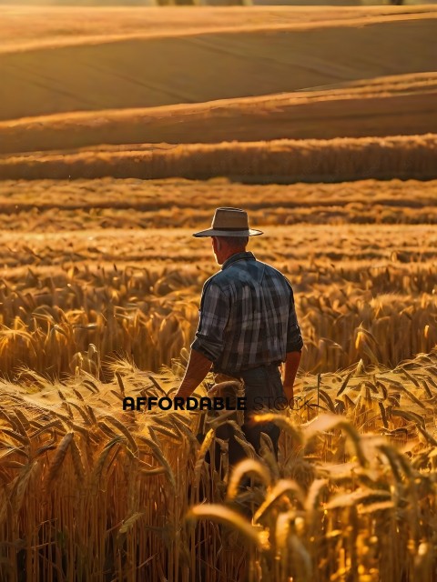 Man in Plaid Shirt Walking Through Field of Wheat