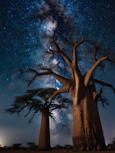Two trees with a starry sky in the background