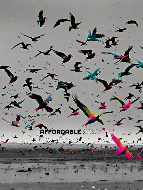 A flock of colorful birds flying in the sky