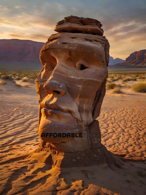 A large rock sculpture of a face in a desert landscape