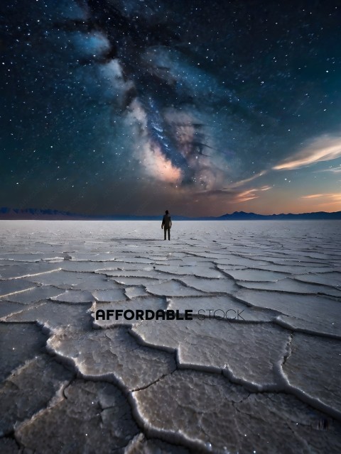 A person standing in the middle of a desert at night