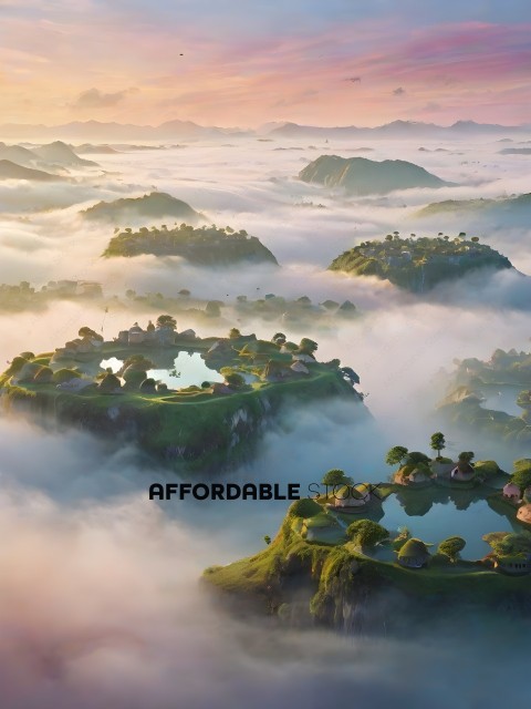 A fantasy landscape with a village on a hill